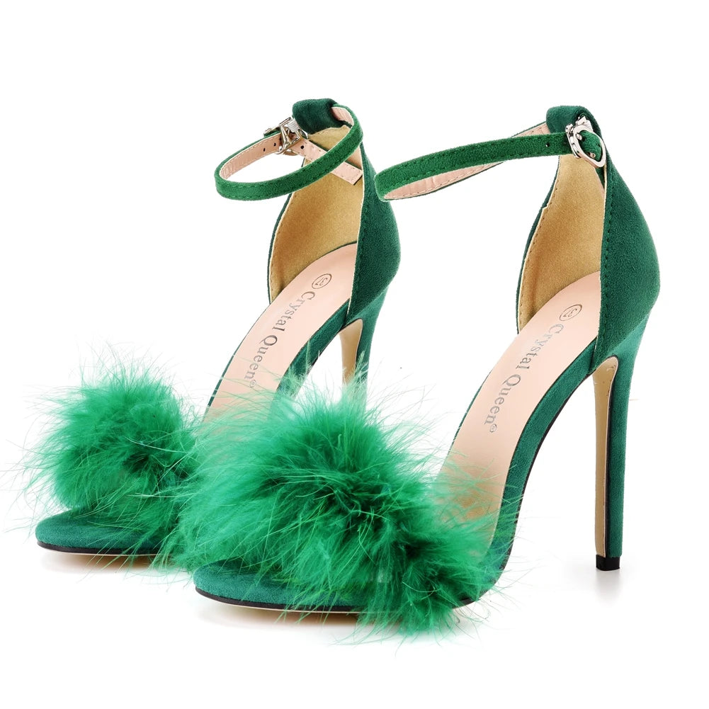 Crystal Queen Women Summer Sandals Fluffy Peep Toe Stilettos High Heels  Fur Feather Lady Wedding Shoes  Large Size 42