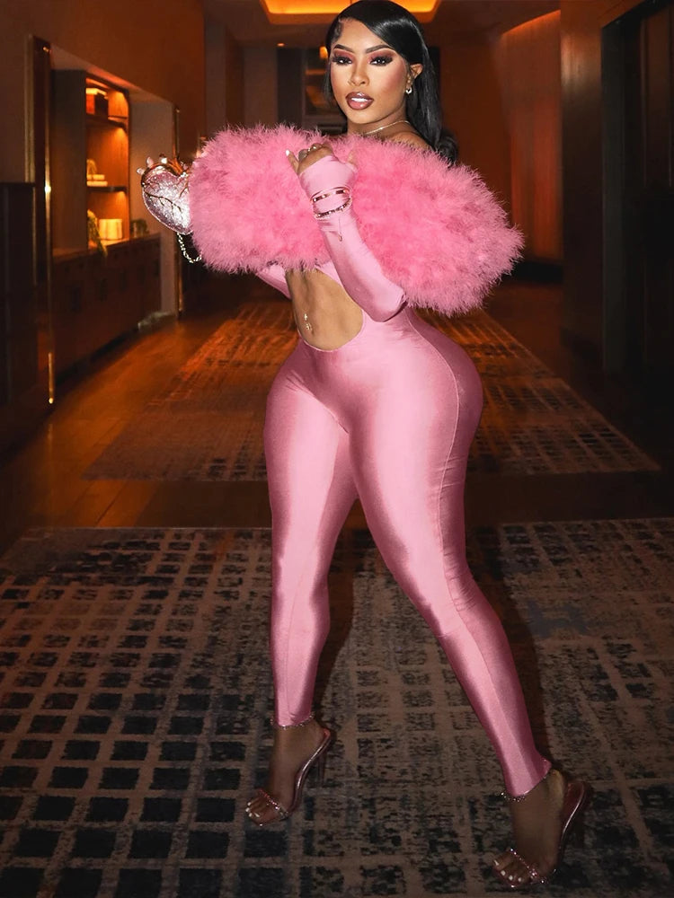 Sisterlinda Furry Slash Neck Jumpsuits Woman Luxury Hipster Patchwork Trend Sexy Hollow Stretch Fitness Club Activity Overalls