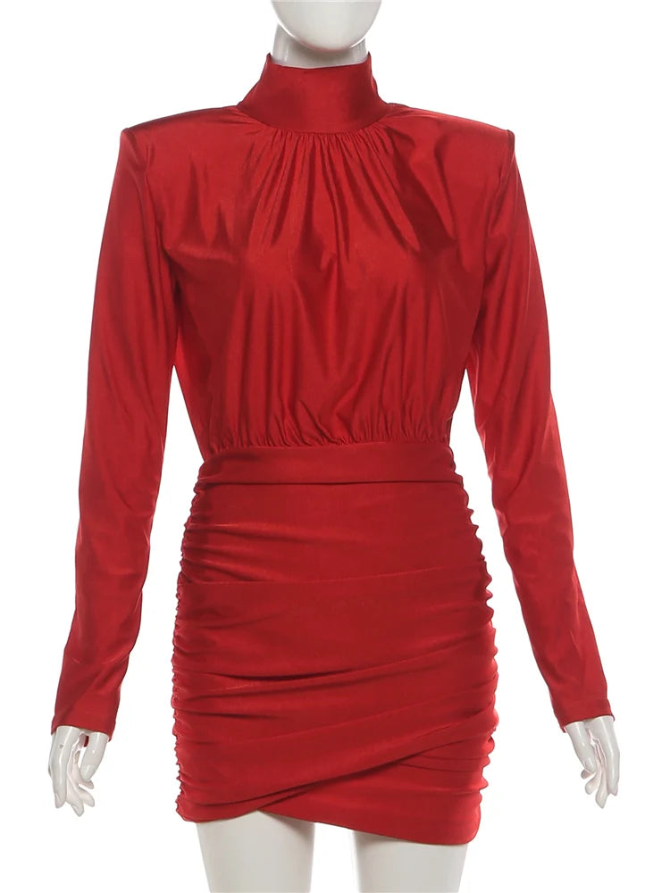 Nibber Classic Turtleneck Dress Women Shoulder Padded Ruched Sexy Office Commute Simple Peach Hip Skinny Elegant Mini Bodycon