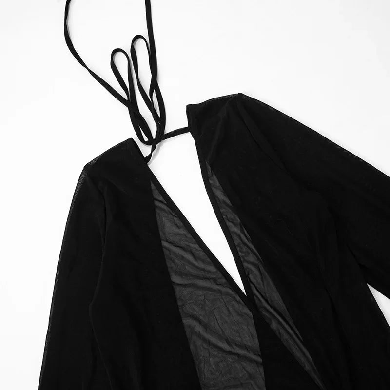 Women Sexy See Through Mesh Mini Dress Deep V-neck Lace Up Backless Flare Long Sleeve Ribbon Party Clubwear Holiday Outfits