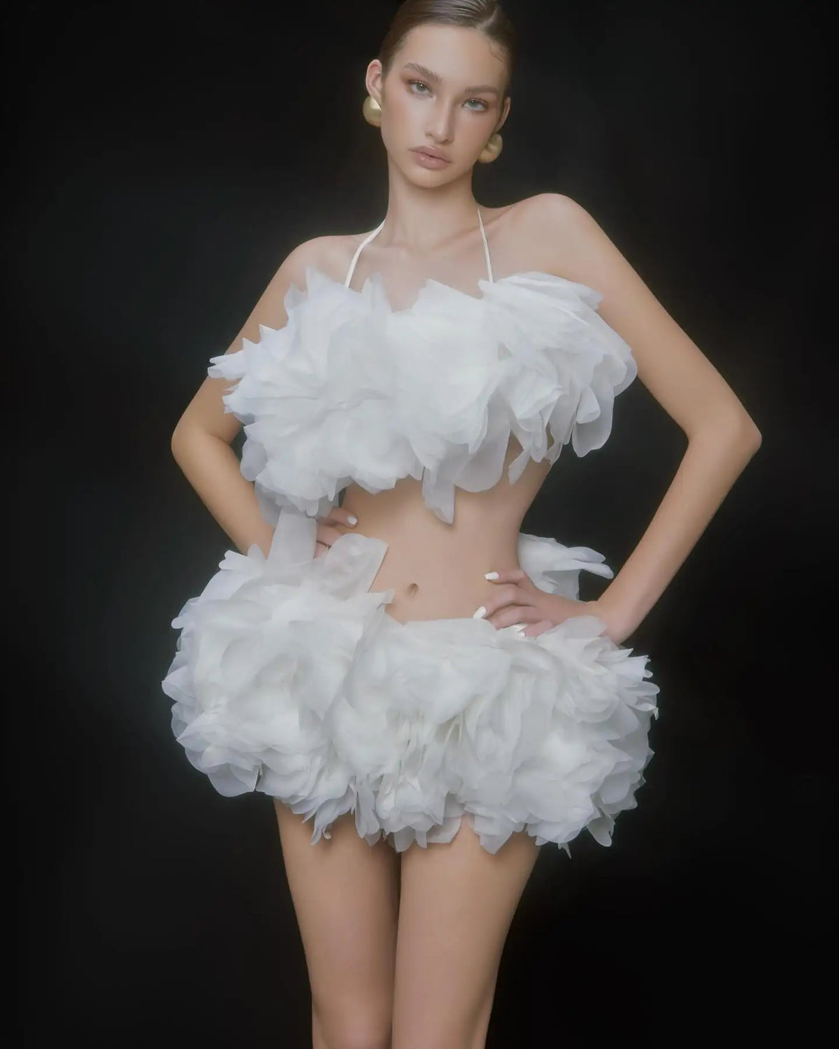 White Two Piece Ruffle Organza Dress