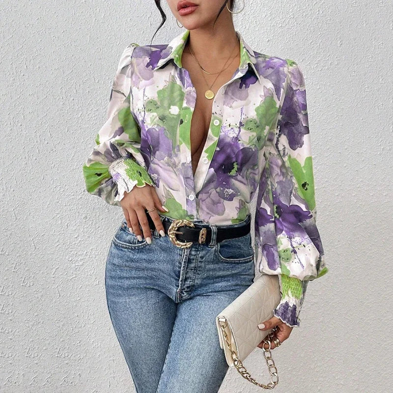 Inked Flower Printed Loose Puff Sleeve