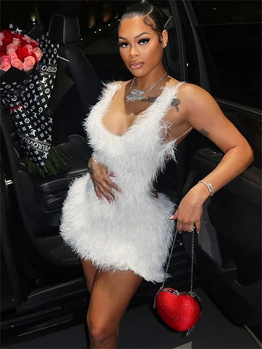 Ladies Summer Feather New Fashion Birthday Party Dress Women Sleeveless Backless Mini Dresses Woman Clothes Club Streetwear 2025