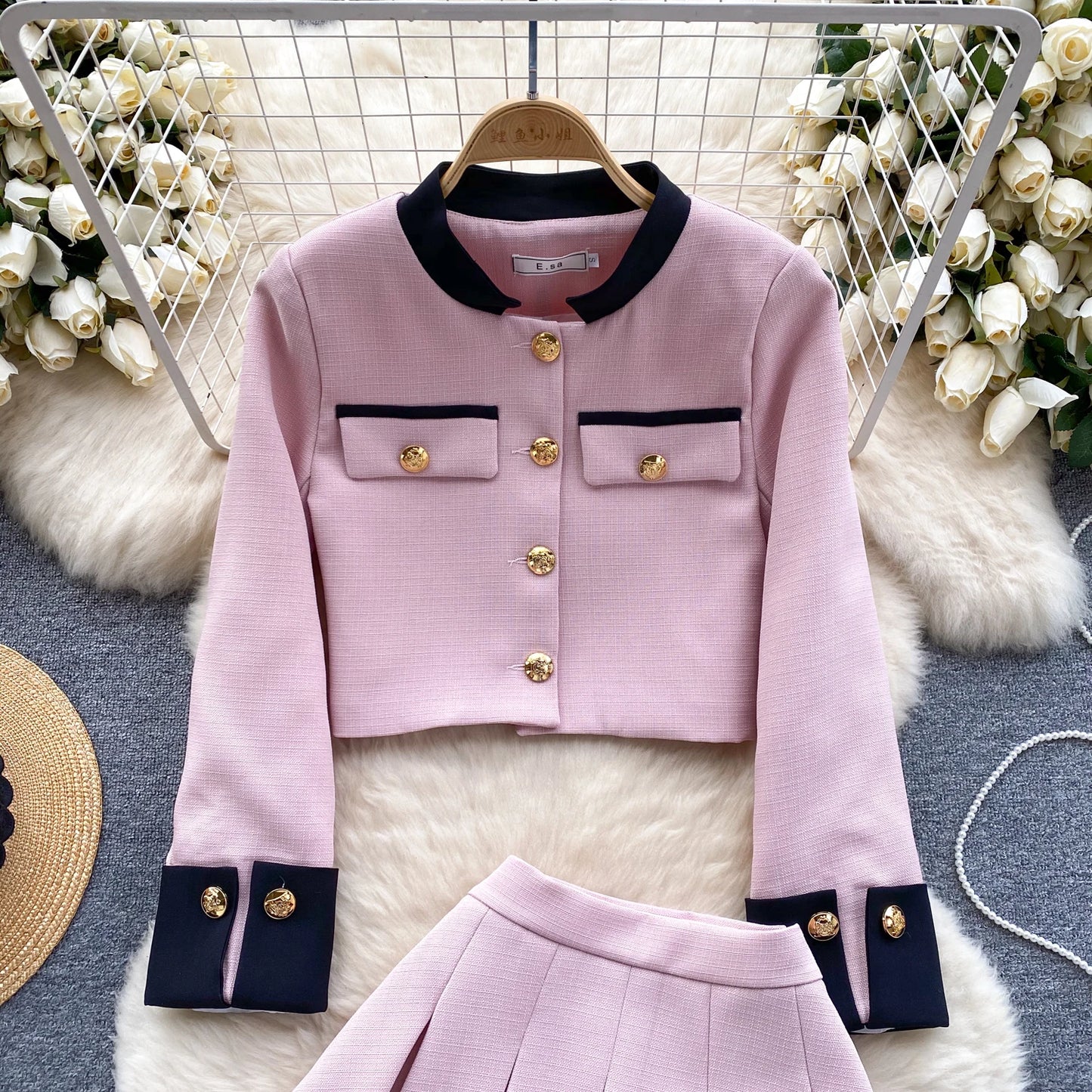 KUSAHIKI 2024 Spring Women's Color Block Short Cardigan Coat + High Waisted Pleated Half Skirt Two Piece Set