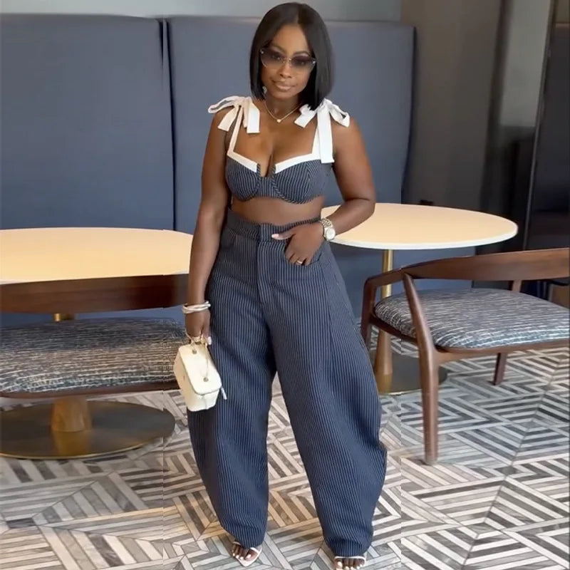 Sets Striped Patchwork Straps Bow Crop