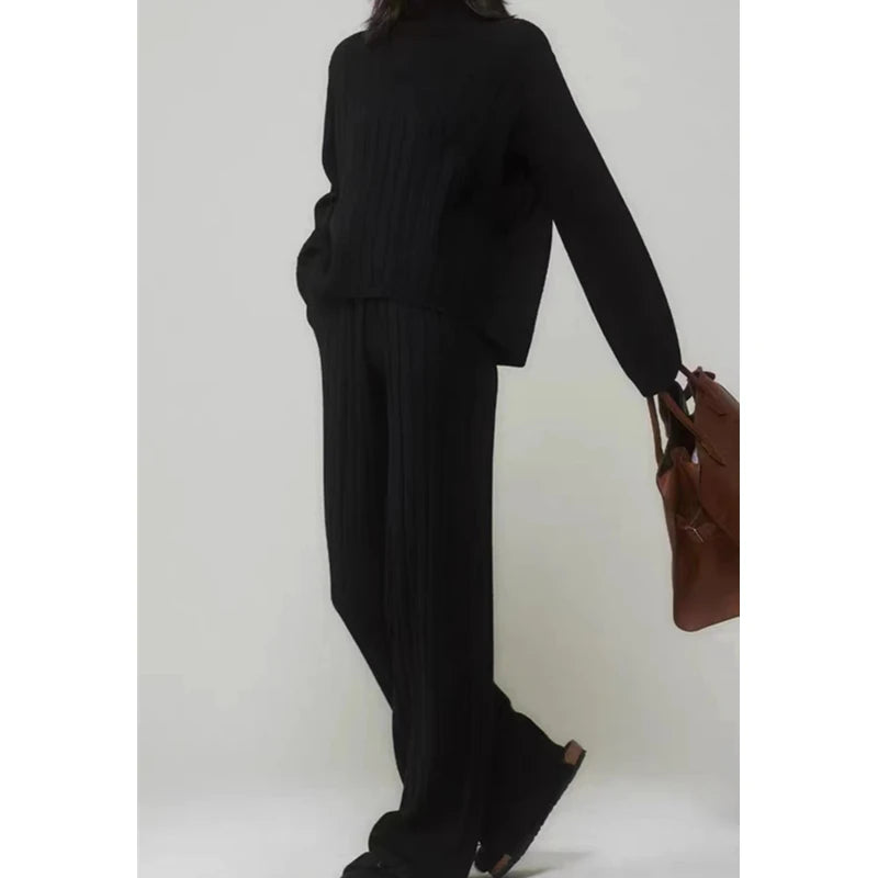 REALEFT White Sets Knitted Tracksuit Turtleneck