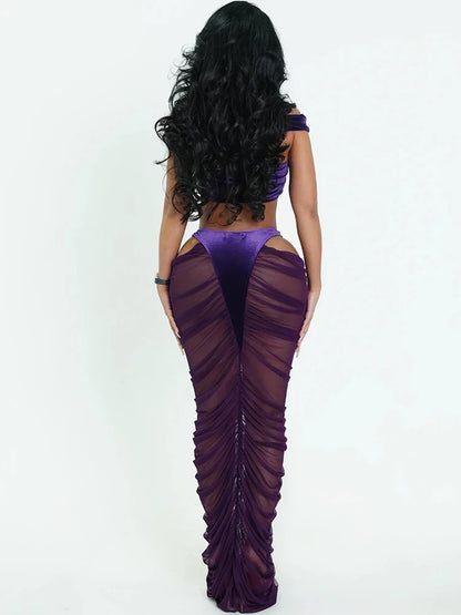 Velvet Cross Tank Top & Ruched Skirt Set