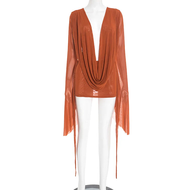 Women Sexy See Through Mesh Mini Dress Deep V-neck Lace Up Backless Flare Long Sleeve Ribbon Party Clubwear Holiday Outfits