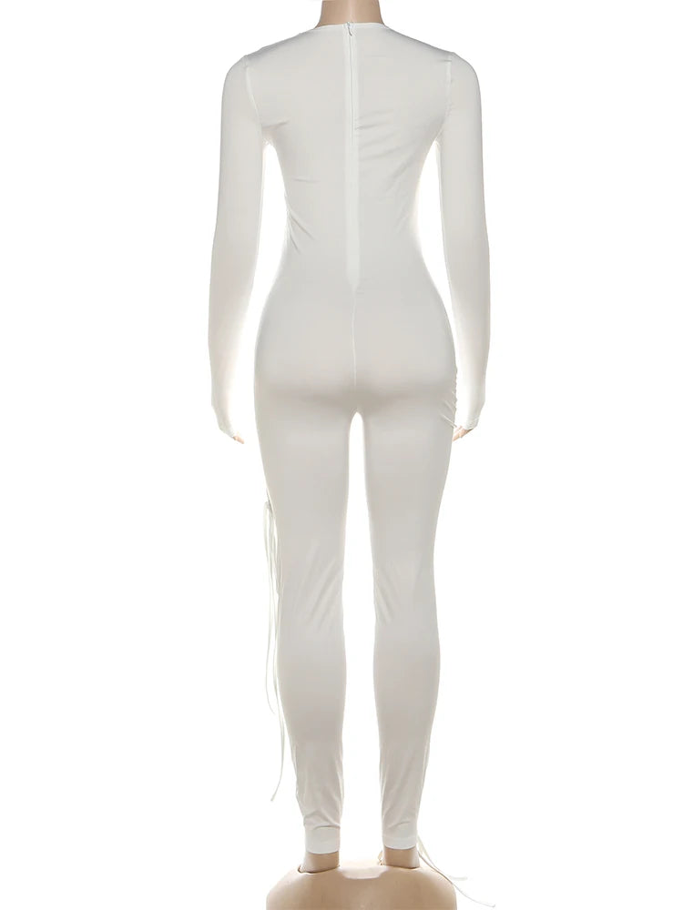 Weird Puss Sexy Fall Jumpsuits Women Diy Shirring o-Neck Full Sleeve Midnight Party Club Stretch Activity Fitness Slim Overalls