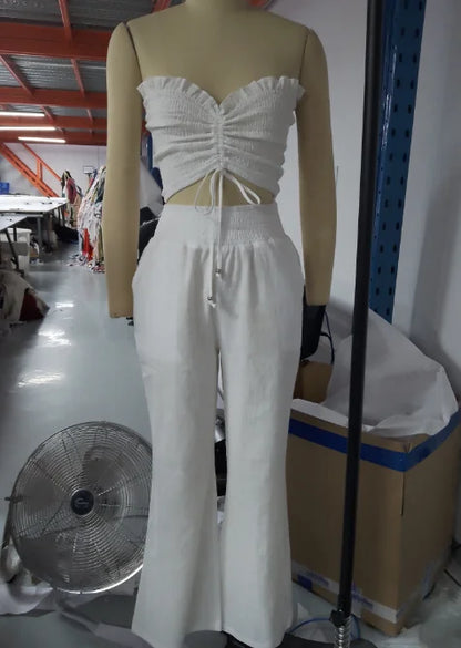 Drawstring Bandeau Crop Top and Pants Set
