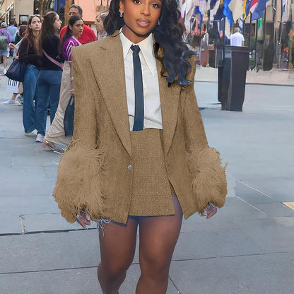 Feather-Cuff Tweed Blazer & Skirt Set