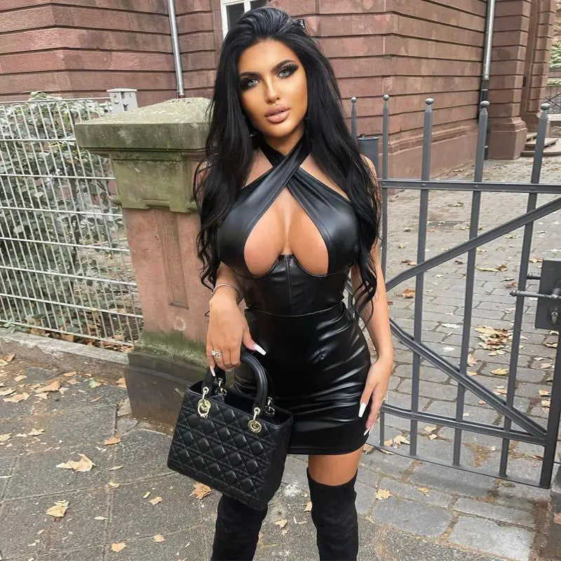 Off-Shoulder Faux Leather Bodycon Dress