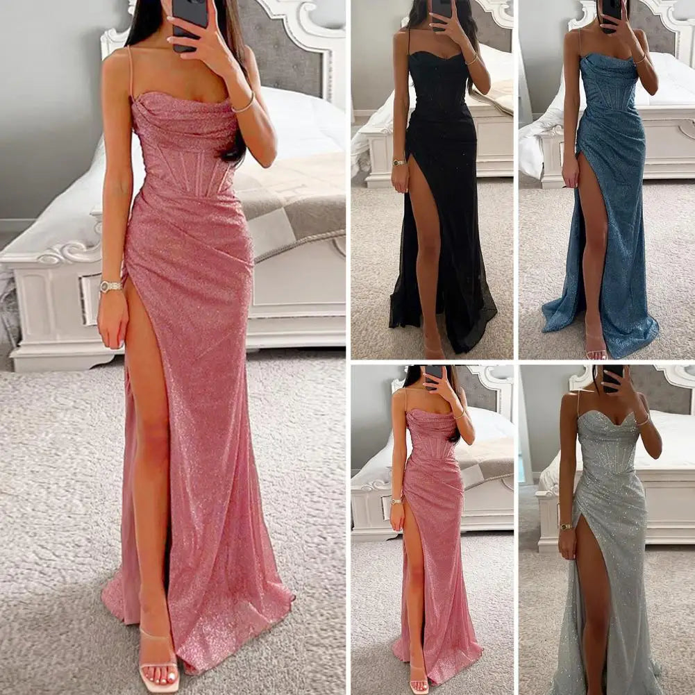 Woman Spring Summer Bodycon Dress Sexy Shiny Sequins Spaghetti Strap Split High Waist Dress Lady Prom Dress Evening Dresses