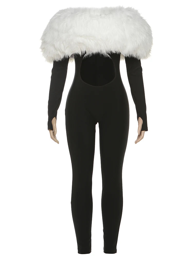 Nibber Hollow Slash Neck Jumpsuits Woman Furry Patchwork Autumn New Trend Sexy Navel Exposed Skinny Peach Hip Hottie Clubwear