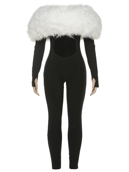 Feather Trim Slash Neck Jumpsuit