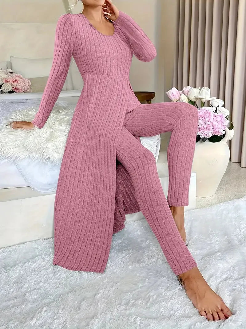 Solid Round Collar Slit Top and Trousers Set