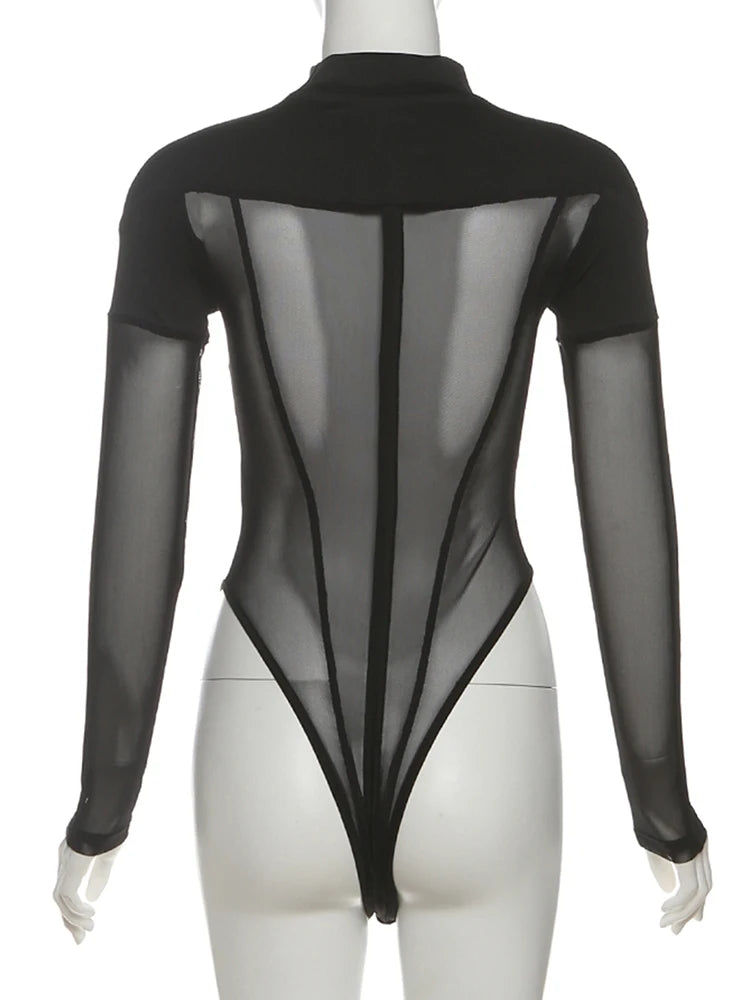 Mesh Patchwork Long Sleeve Sheer Bodysuit
