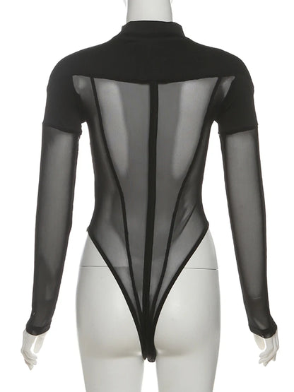 Mesh Patchwork Long Sleeve Sheer Bodysuit