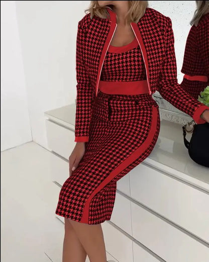 Houndstooth Print 3-Piece Skirt Set
