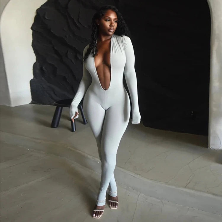 STYLISH LADY Cut Out Jumpsuits 2025 Autumn Women Long Sleeve V Neck Backless Bodycon Sexy Club Party Rompers Jumpsuits