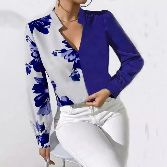 Blue Floral Print Long Sleeve Blouse