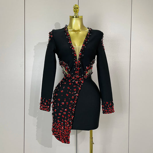 STOCK Women Celebrity Sexy Long Sleeve V Neck Rhinestone Black Bandage Dress Elegant Evening Club Luxury Birthday Party Dresses
