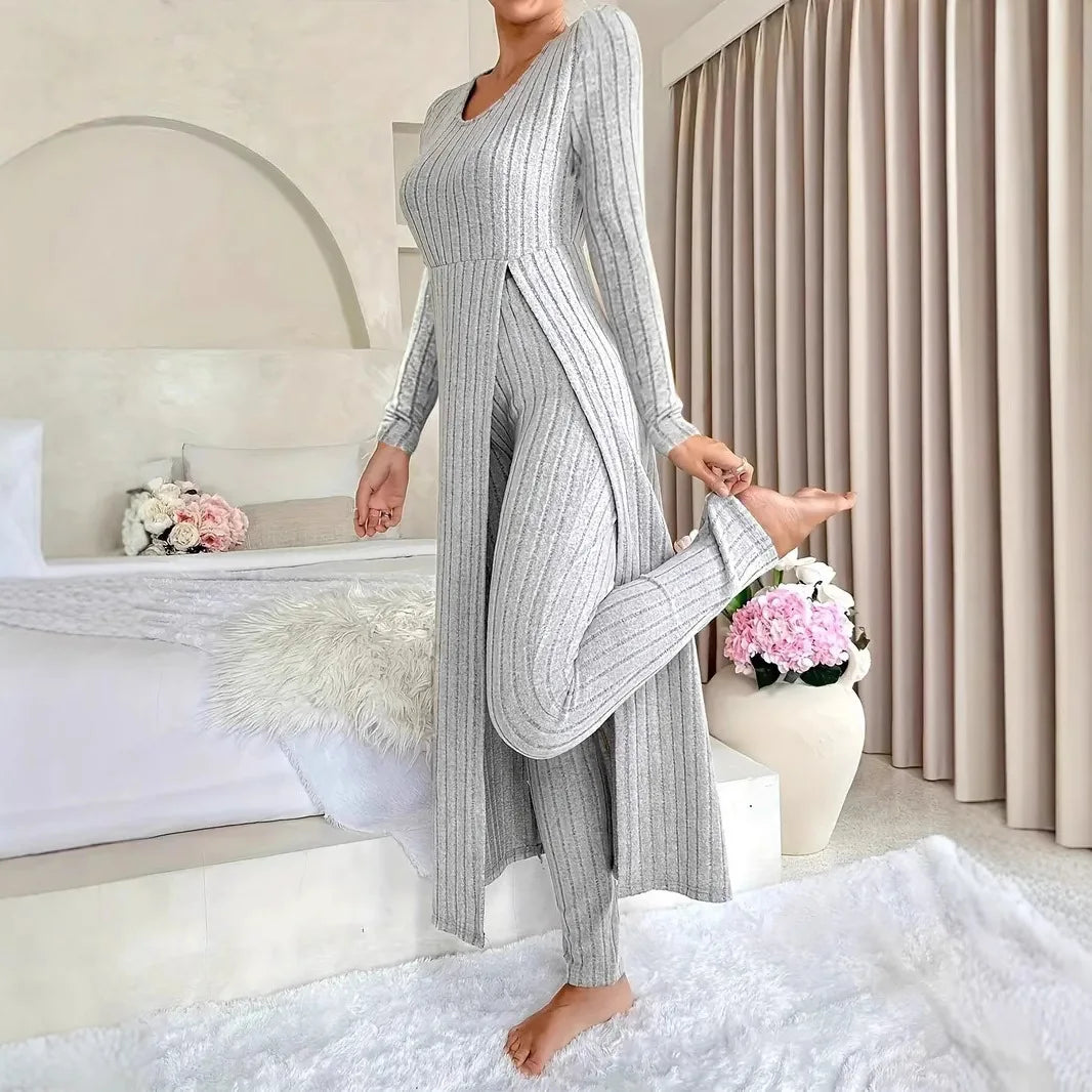 Solid Round Collar Slit Top and Trousers Set