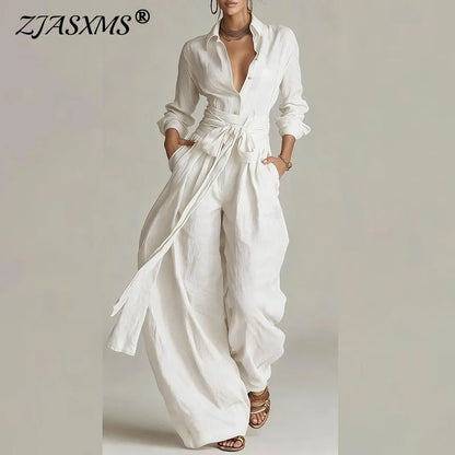 Belted Button Shirt & Wide-Leg Pants Set
