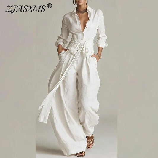 Belted Button Shirt & Wide-Leg Pants Set