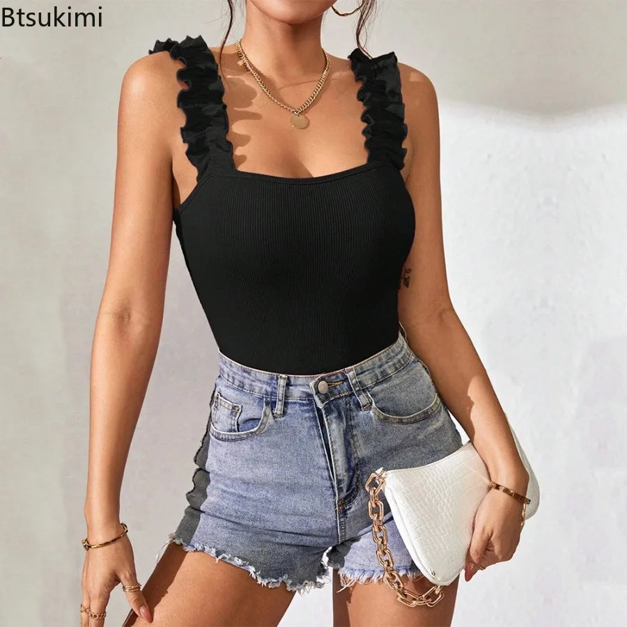 Bodysuits Square Collar Solid Black Knit