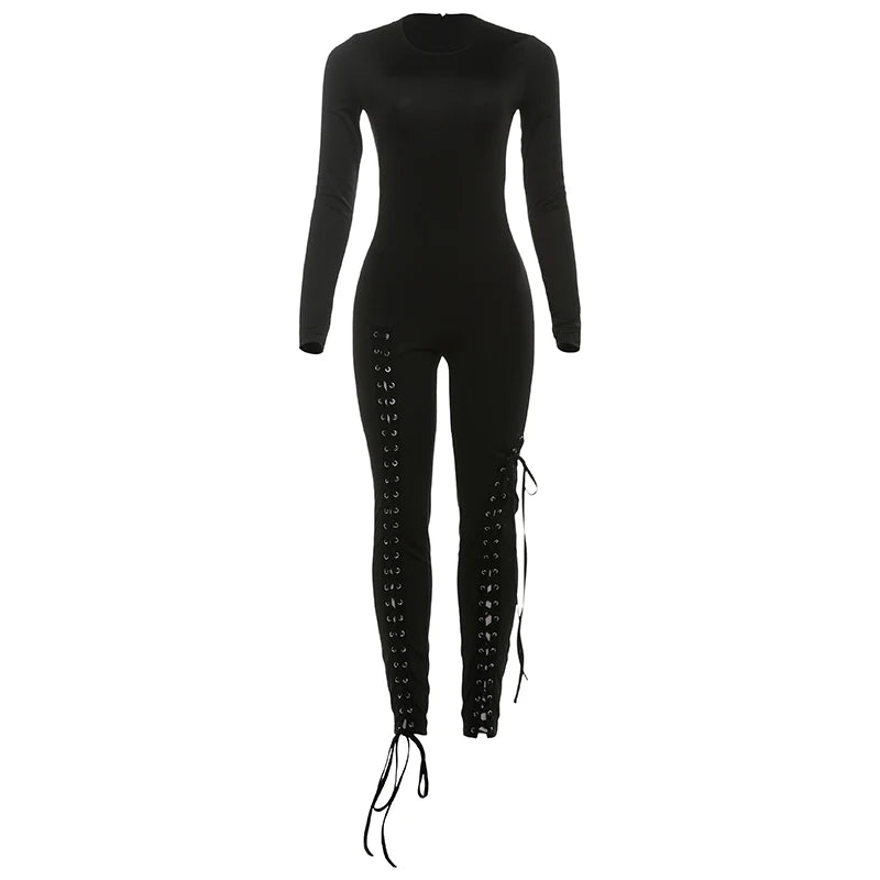 Weird Puss Sexy Fall Jumpsuits Women Diy Shirring o-Neck Full Sleeve Midnight Party Club Stretch Activity Fitness Slim Overalls