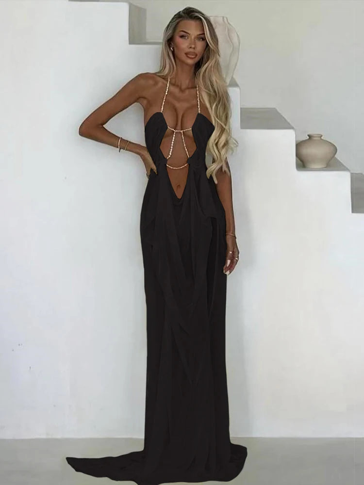 Halter See-Through Chain Backless Maxi Gown