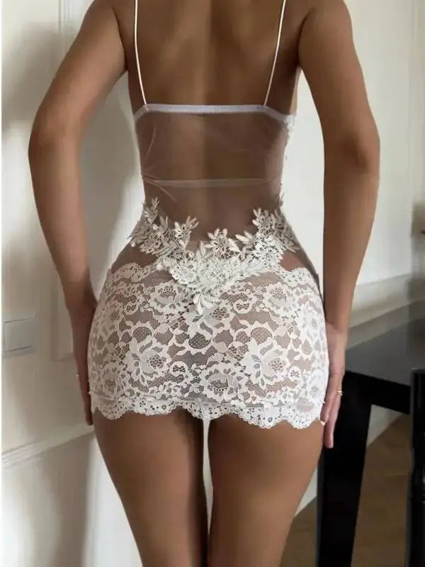 Sheer Mesh Lace Strap Flower Embroidery
