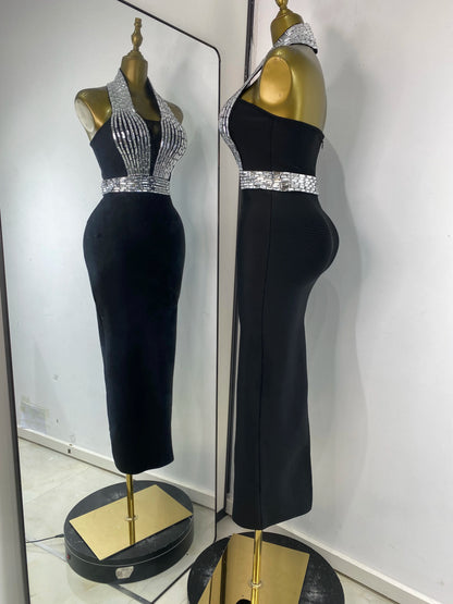 New Rhinestones Bandage Dress Halter Backless