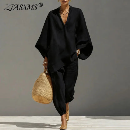 V-Neck Batwing Top & Casual Pants Set