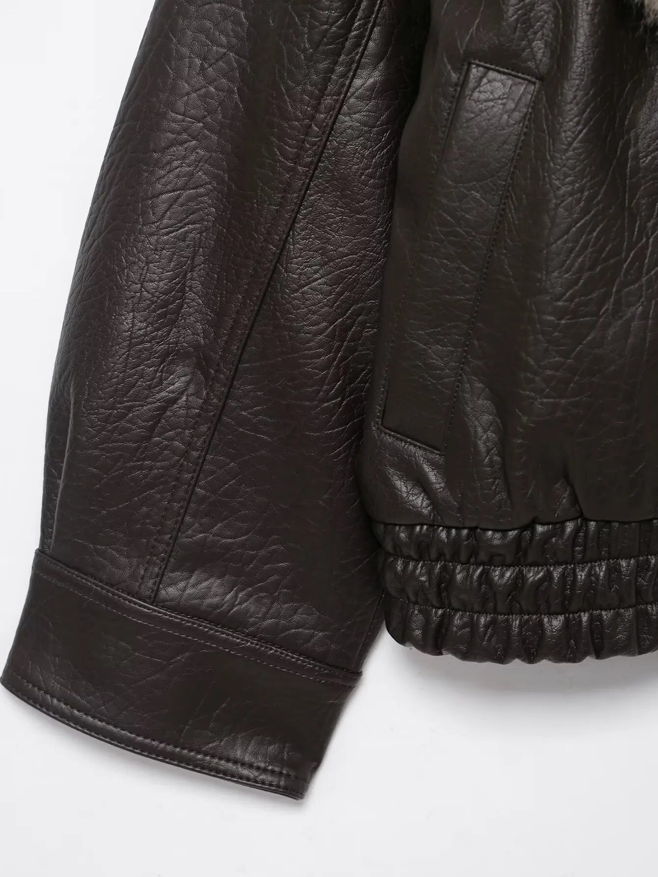 TFMLN 2025 Winter Women Loose Faux Leather Jacket Fashion Removed Big Fur Collar Causal Coat High Street Double Breasted Outwear