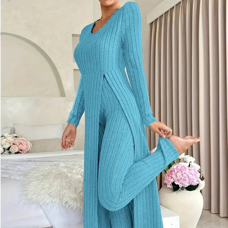 Solid Round Collar Slit Top and Trousers Set