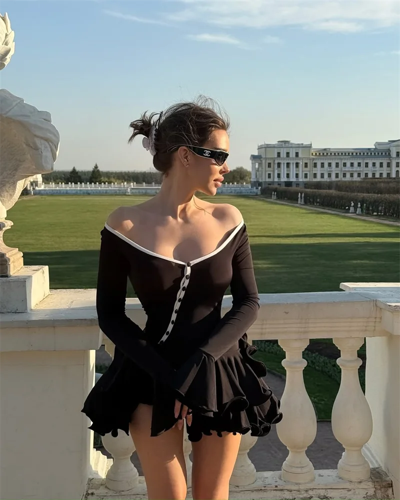 Ruffled V-Neck Button Mini Dress