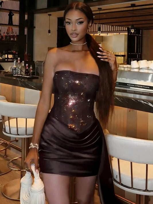 Sisterlinda Ribbon Ruched Dress Women  Valentine's Day Strapless Sequins Patchwork Stain Peach Hip Sexy Hottie Dating Bodycon