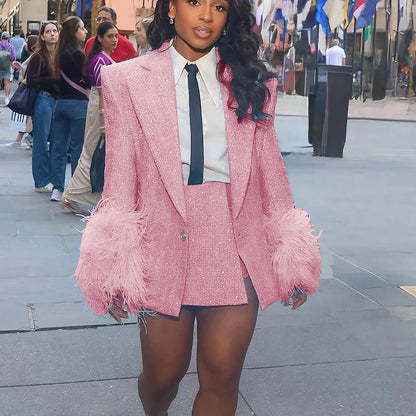 Feather-Cuff Tweed Blazer & Skirt Set