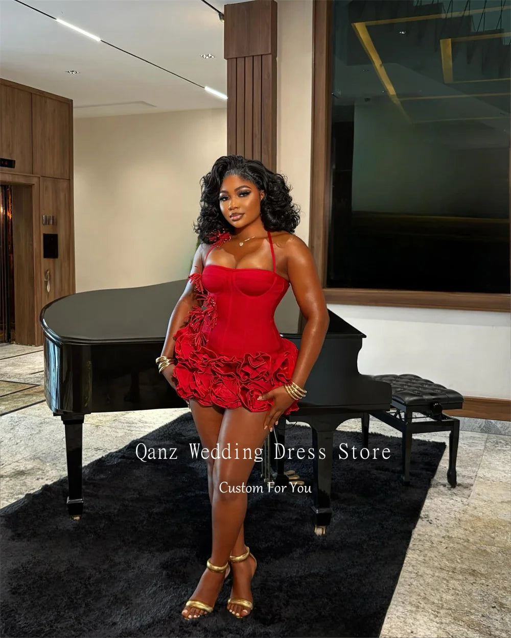 Halter Ruffled Satin Mini Dress