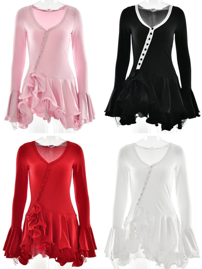 V-Neck Ruffle Hem Asymmetrical Button Mini Dress