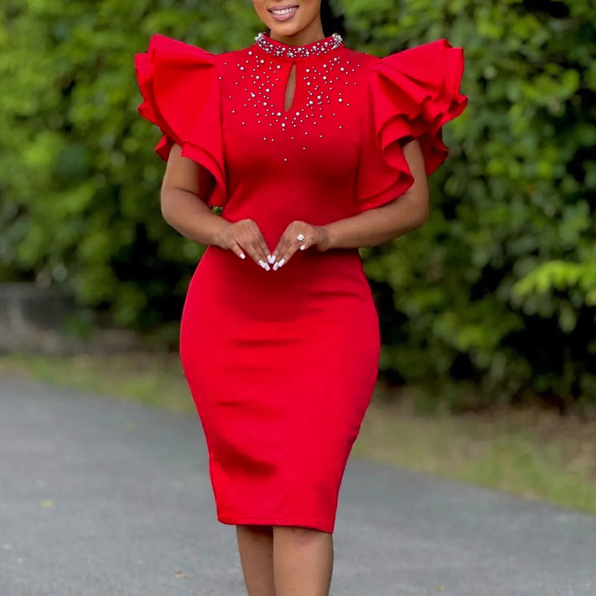 Elegant Beaded Bodycon Midi Dress