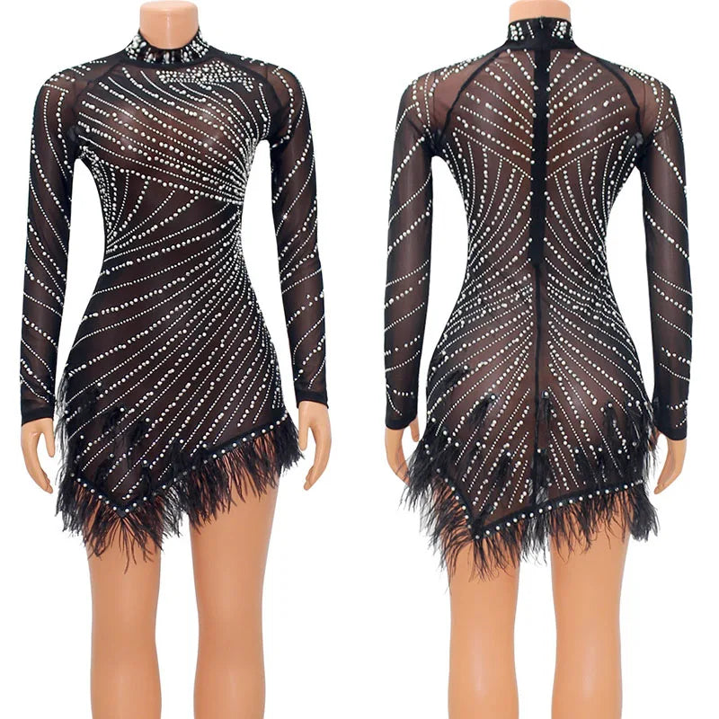 Sexy Pearls Rhinestone Party Dresses Women Elegance Nightclub Feather Birthday Dress Long Sleeve Mesh Sheer Bodycon Mini Dress