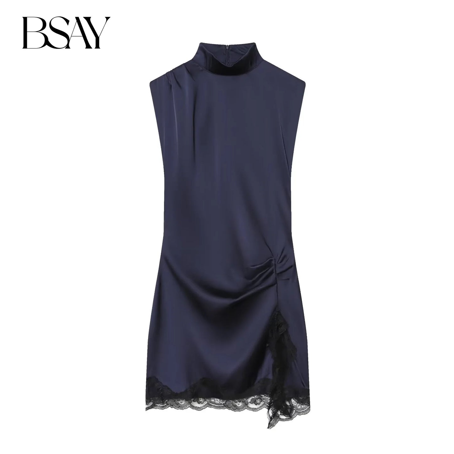 BSAY Satin dresses women's clothing fashion back zip hem lace patchwork slit sexy nightclub mini dress chic French Evening