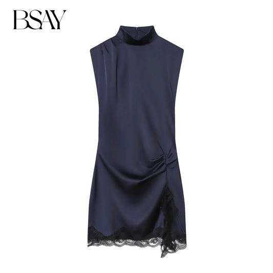 BSAY Satin dresses women's clothing fashion back zip hem lace patchwork slit sexy nightclub mini dress chic French Evening