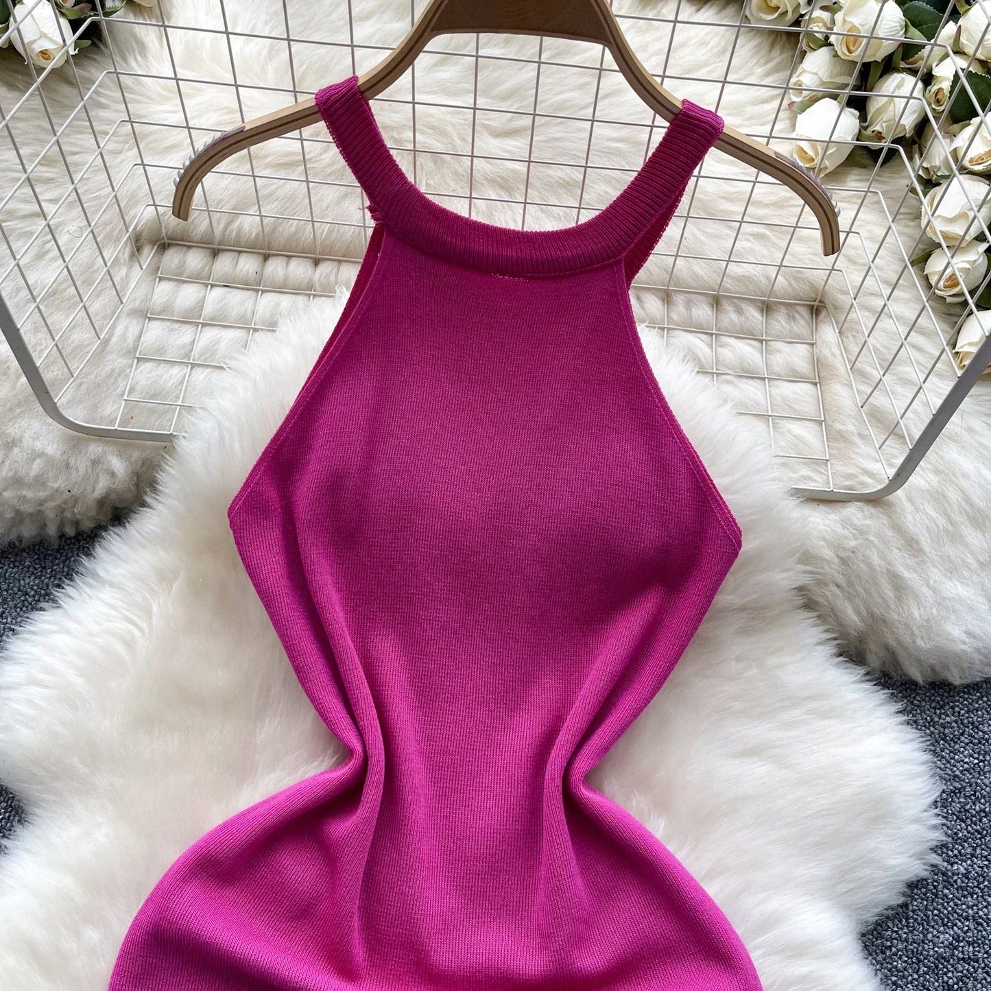 Beading Halter Women's Knitting Sheath Tank Dress Female Bodycon Knitted Camisole Sleeveless Mini Dresses For Woman Outfits