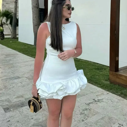 HXAO White Short Dress Ruffle Backless
