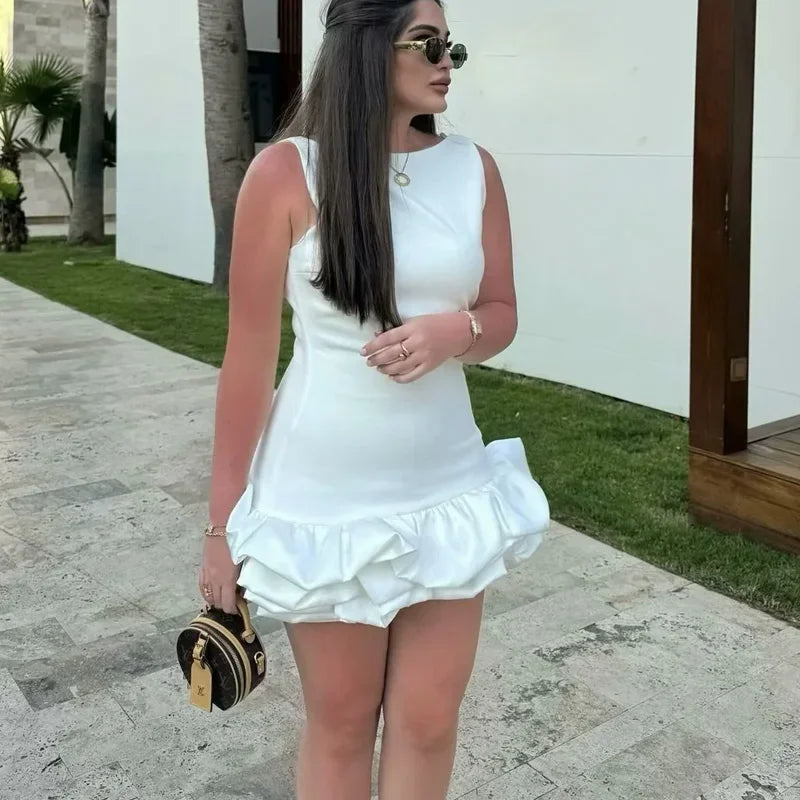 HXAO White Short Dress Women's Ruffle Backless Party Dresses Black Red Sleeveless Bodycon Mini Dress Woman Summer Sexy Vestidos