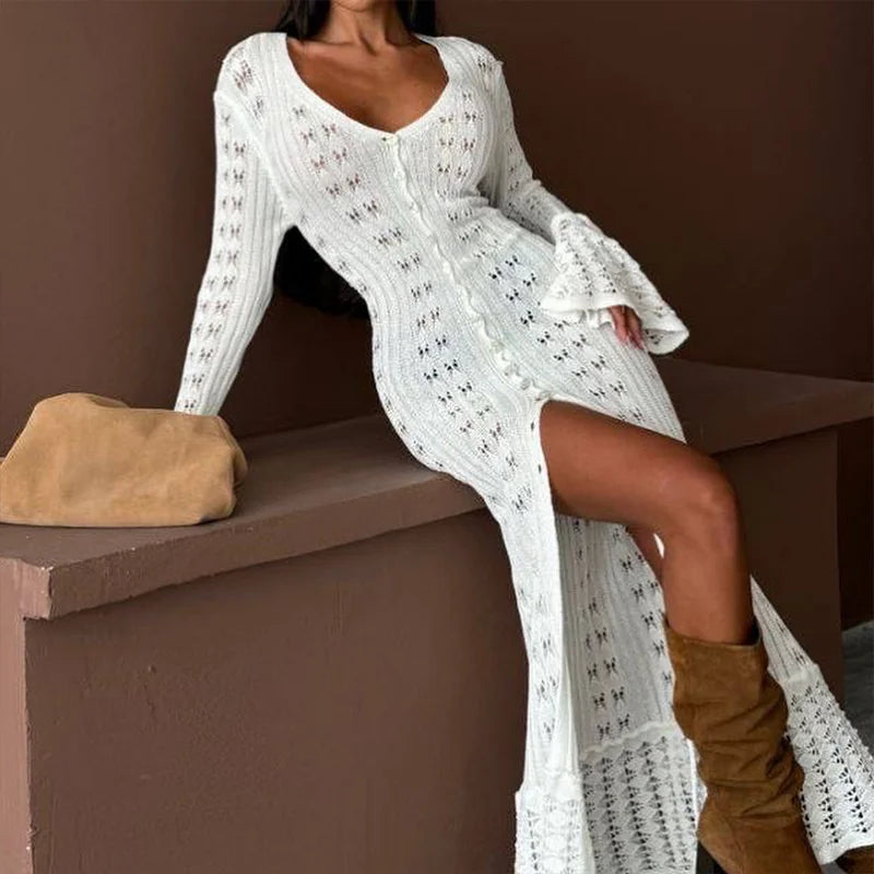 Casual Knit Maxi Dress V Neck